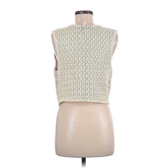 VTG Extress Linen Embroidered Crochet Tan Cream V Neck Vest M - Picture 2 of 3